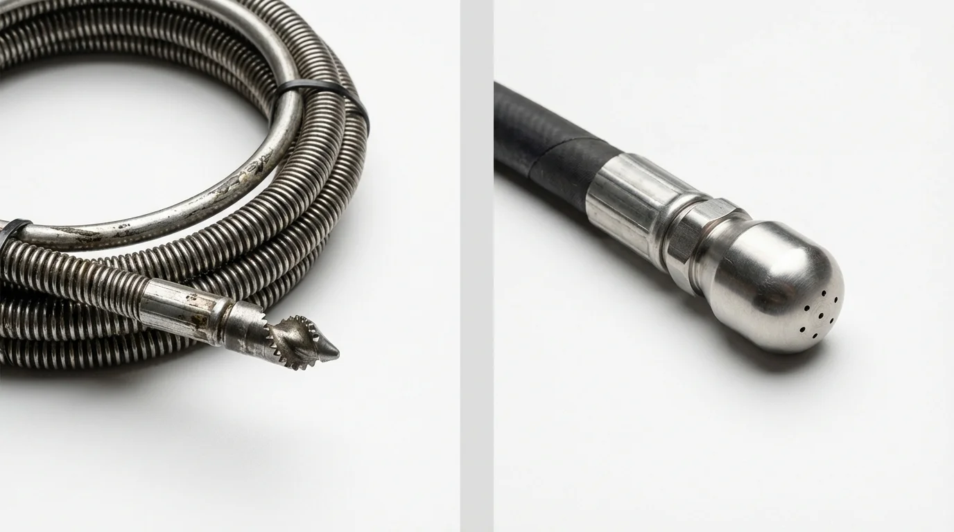 Drain snake cable and hydro jetting nozzle used for drain cleaning in Warren, OR