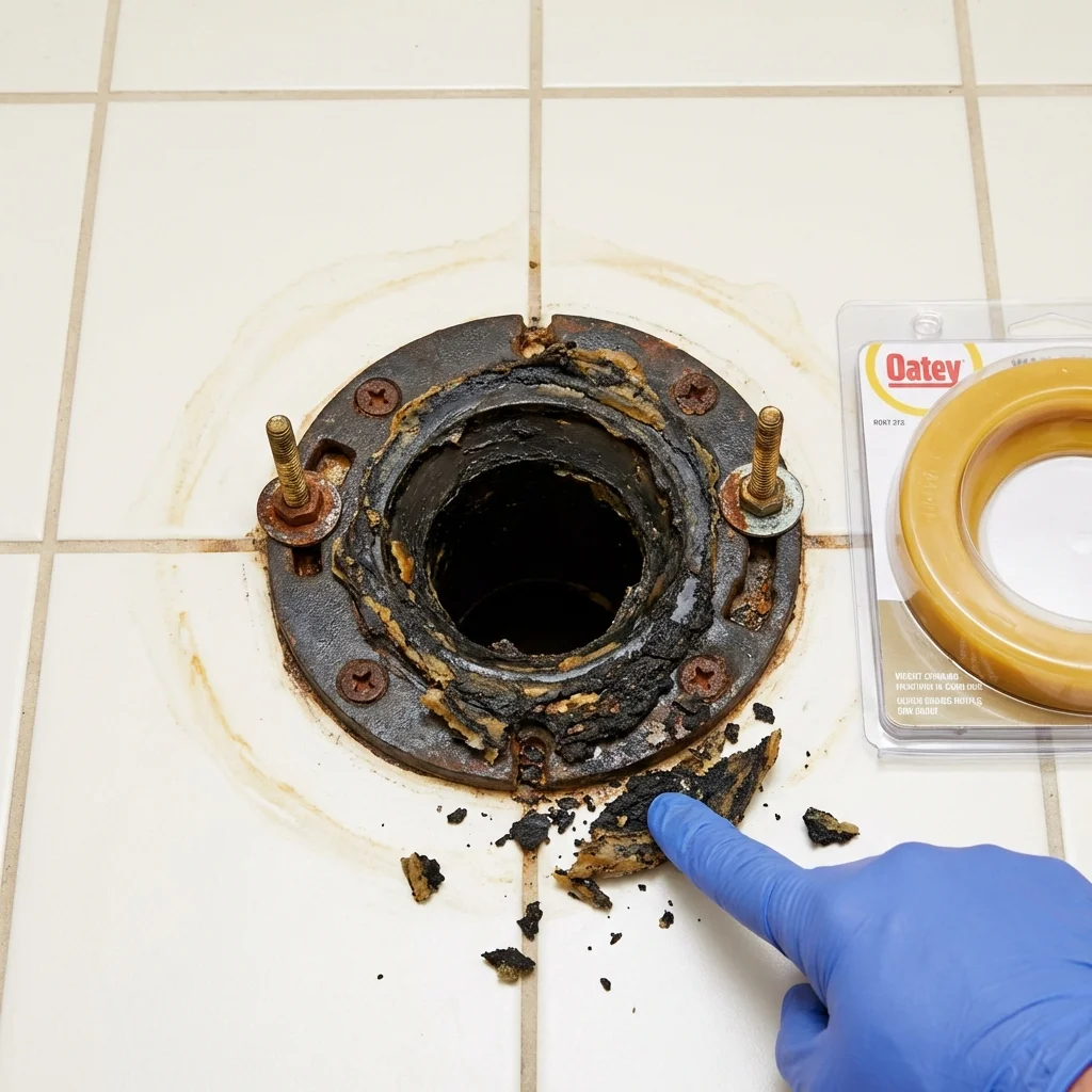 Failed wax ring showing water seepage at the base of a toilet in a Warren, OR home