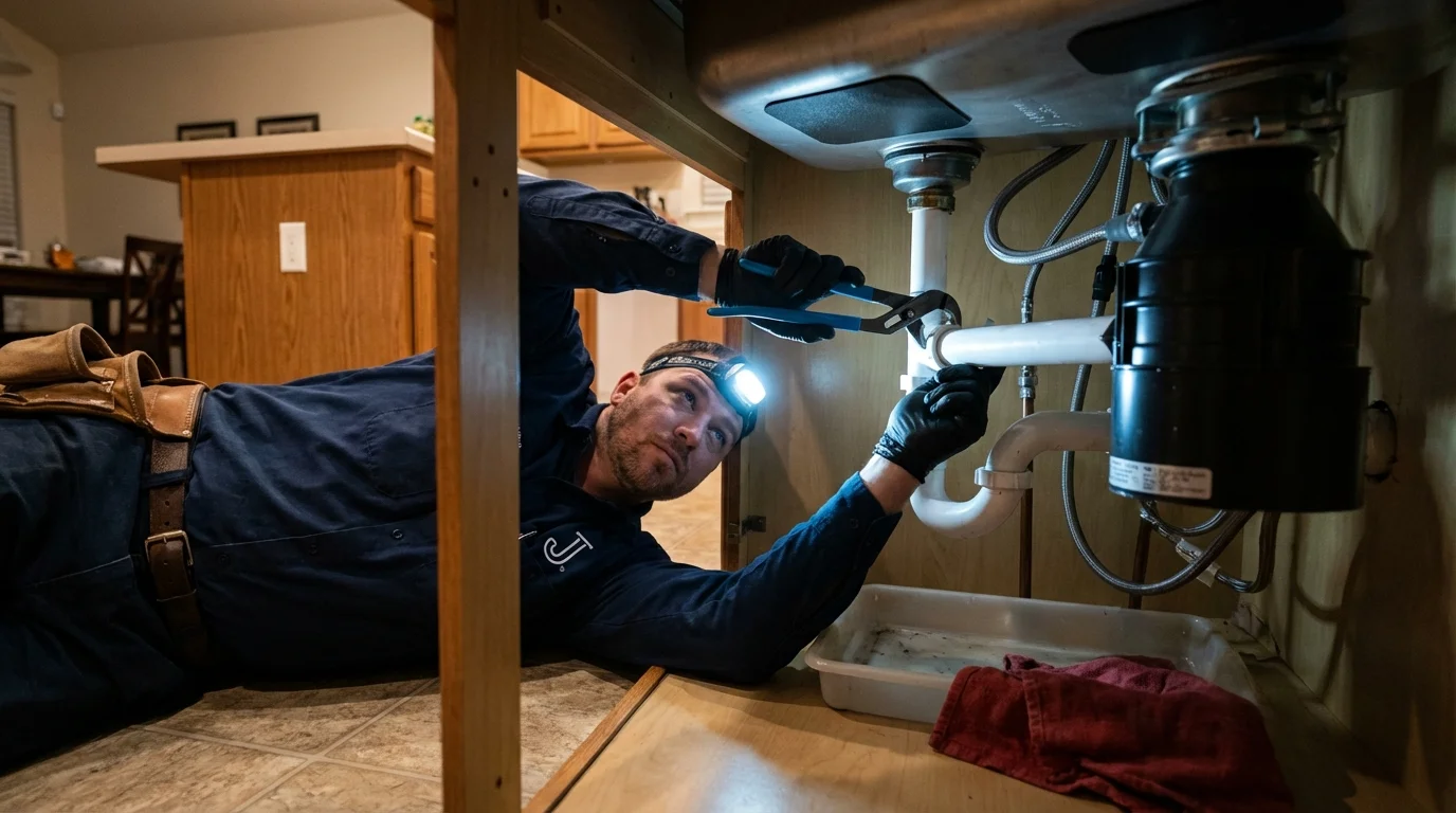 P-trap and supply line connections under a kitchen sink showing a common leak point in Warren, OR